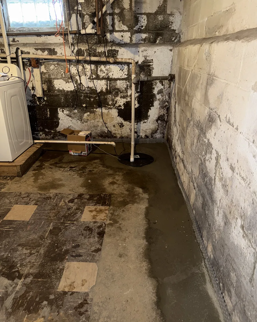 Block foundation wall showing efflorescence and staining above a newly installed perimeter drainage track